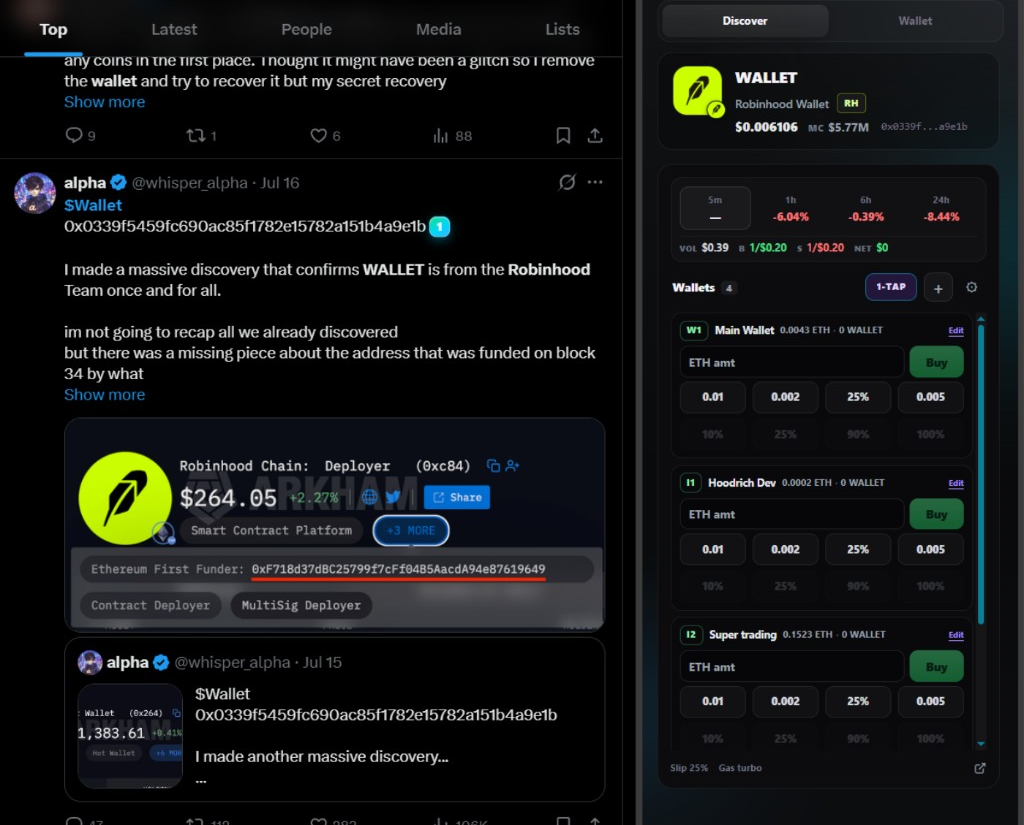 Gavel Wallet side panel detecting and trading a token found on X